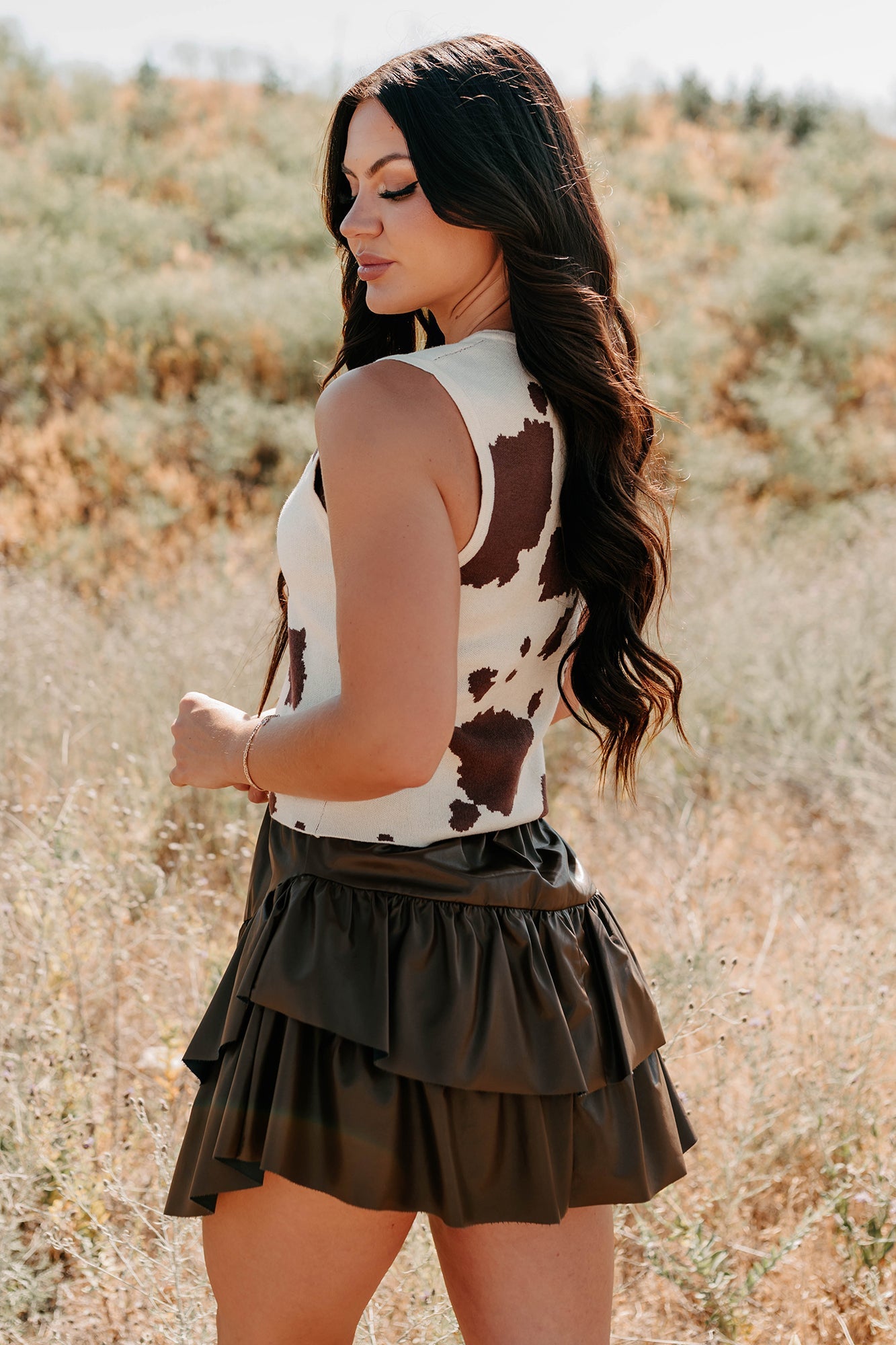 Rodeo Glow Sleeveless Cow Print Top (Beige/Brown)