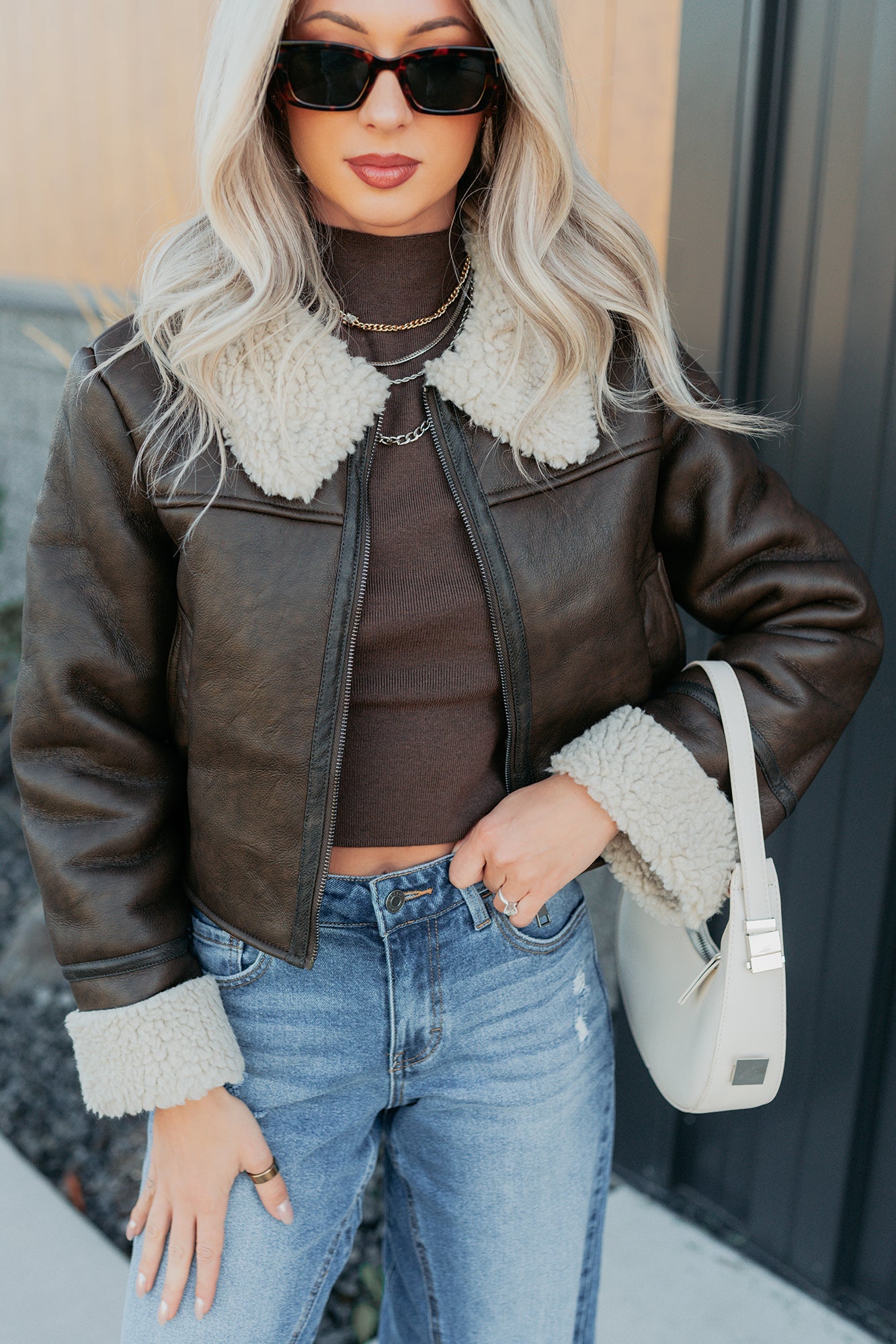 Serves You Right Sherpa Lined Faux Leather Jacket (Brown)