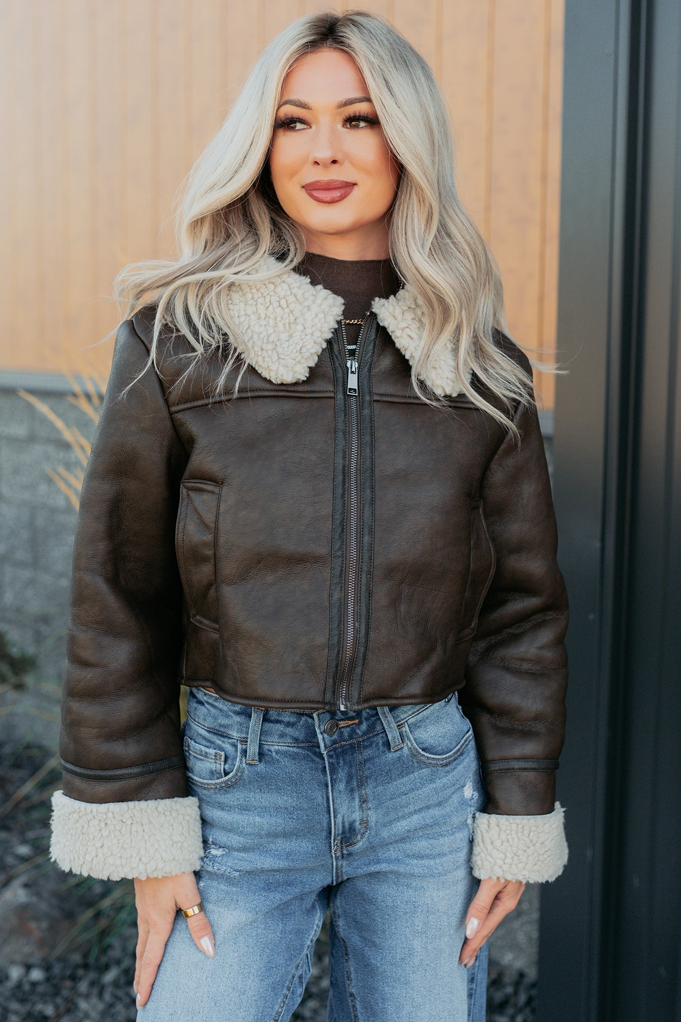 Serves You Right Sherpa Lined Faux Leather Jacket (Brown)