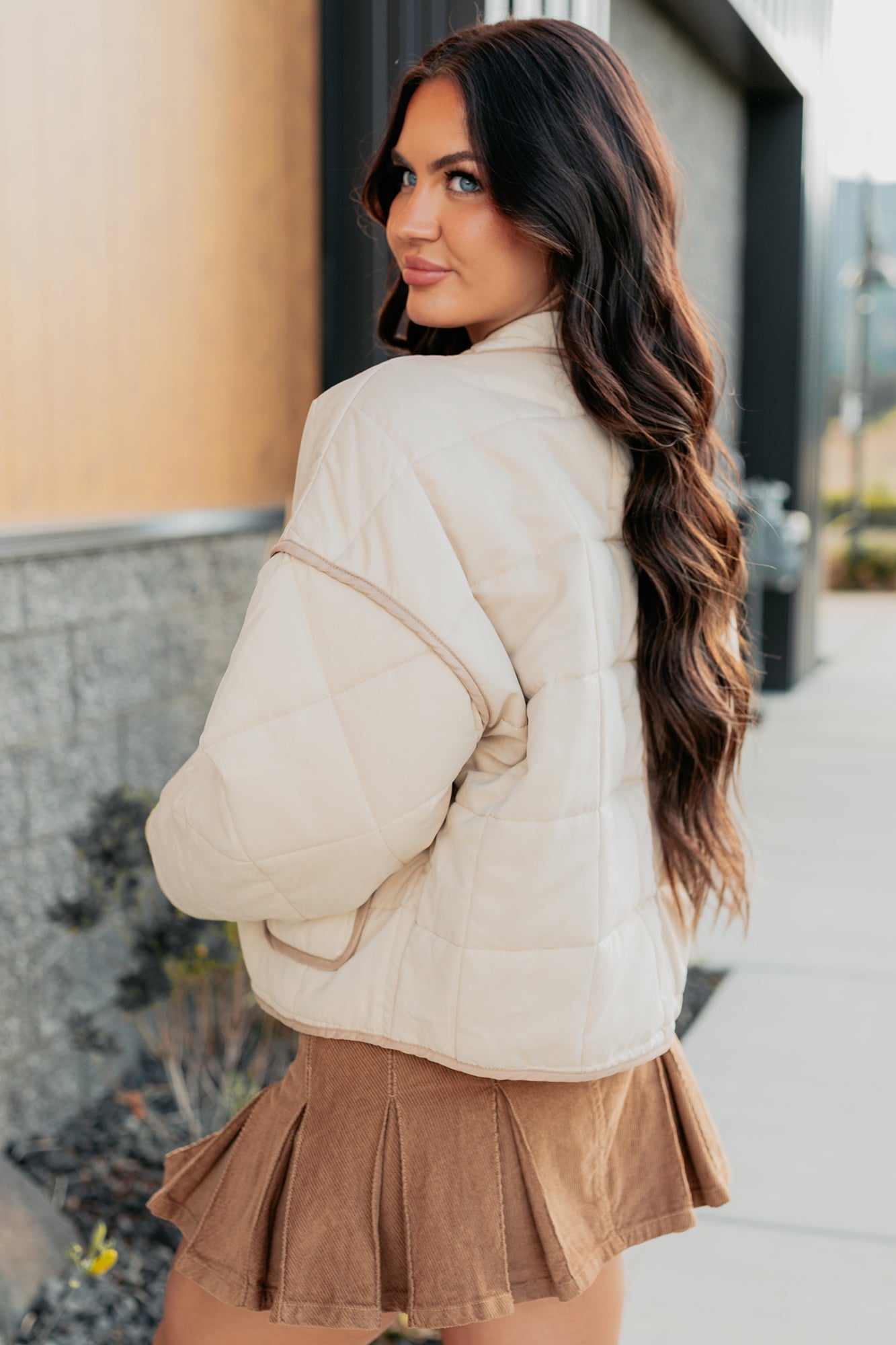 Pure Desire Contrast Trim Quilted Puffer Jacket (Beige)