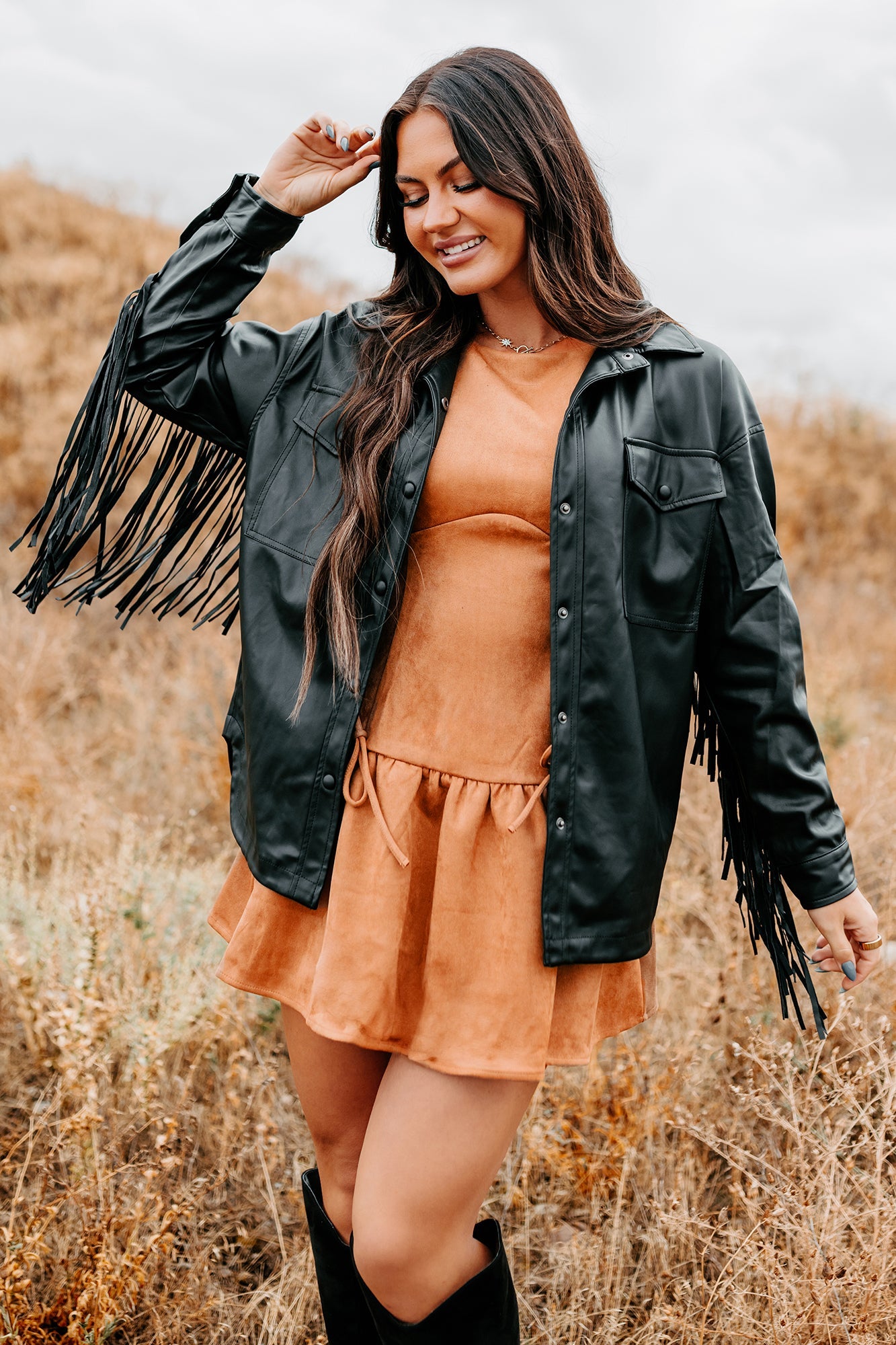 Wild West Whimsy Fringe Faux Leather Jacket (Black)