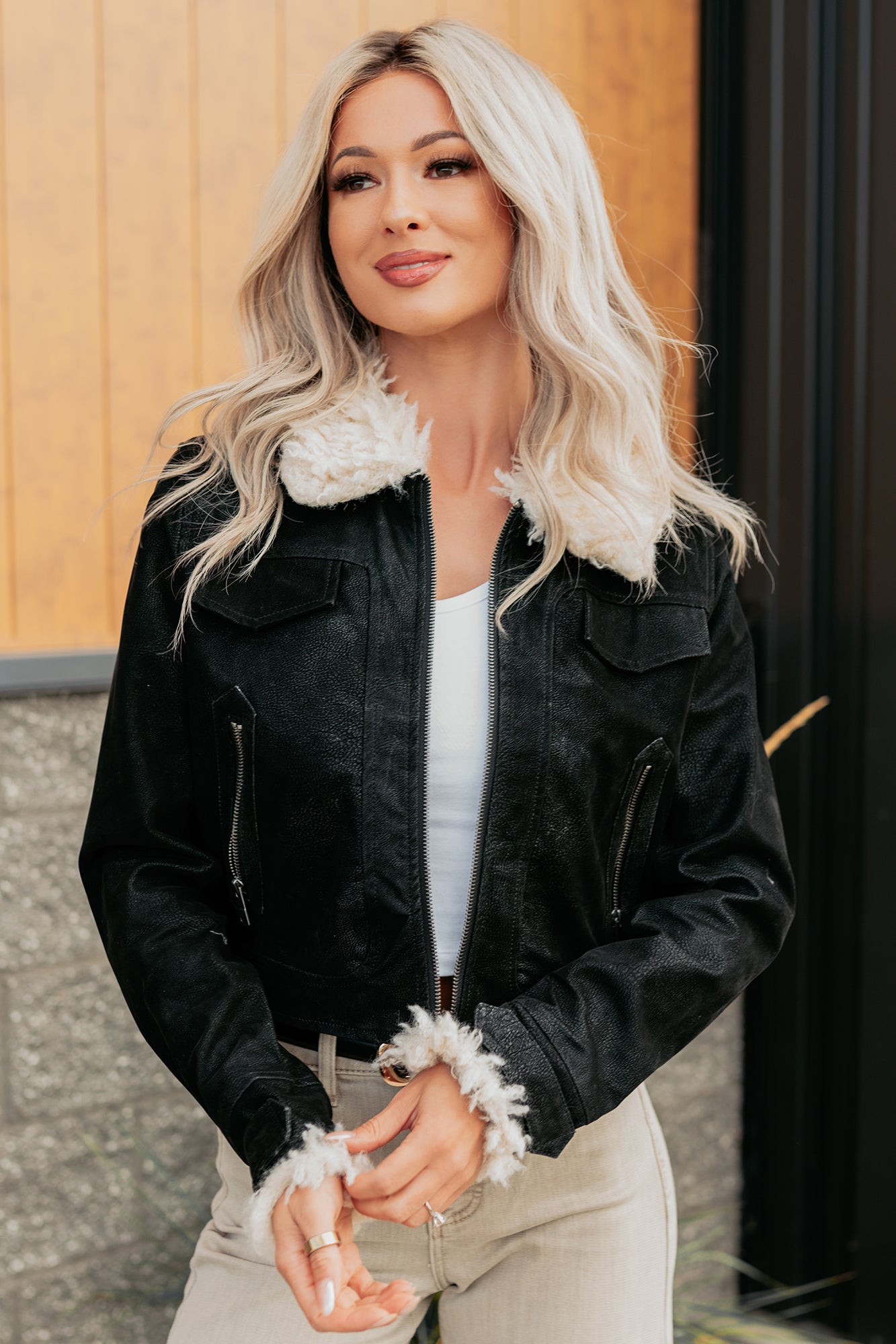 Soulful Strolls Shearling Aviator Jacket (Black/Cream)