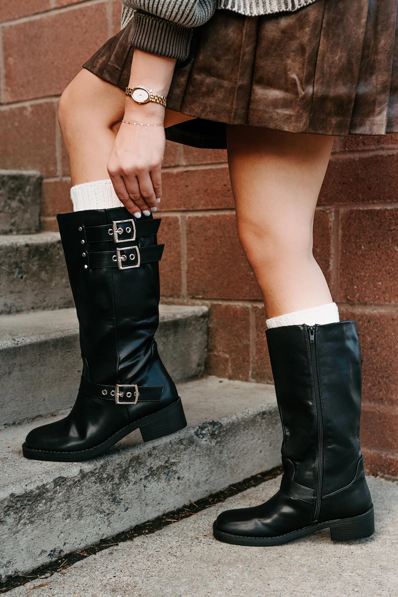 Your Move Now Faux Leather Buckle Boots (Black)