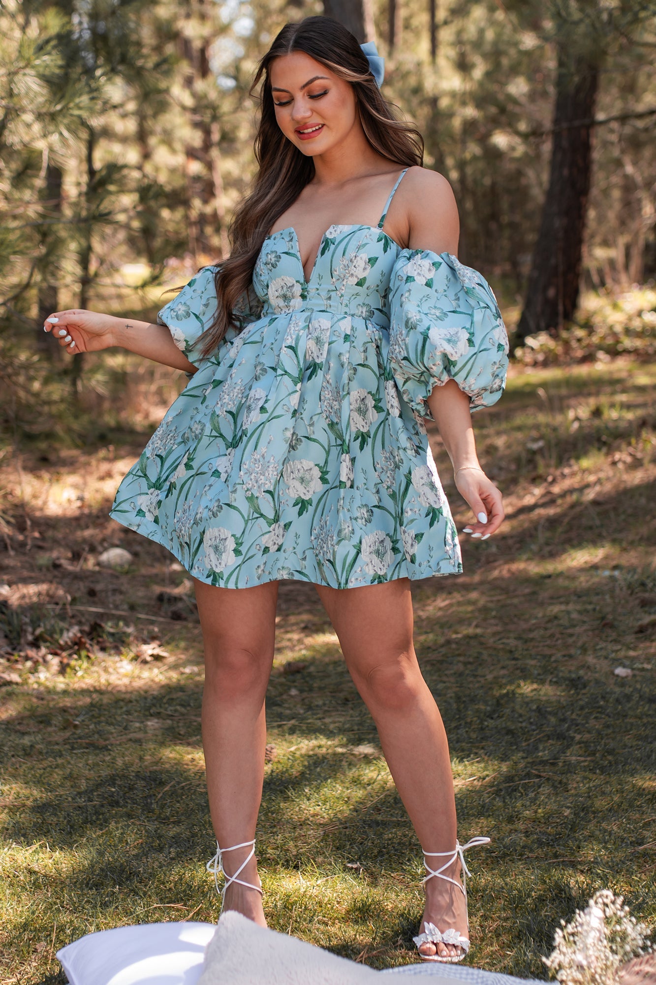 The Beauty Within Off The Shoulder Floral Mini Dress (Aqua Blue)