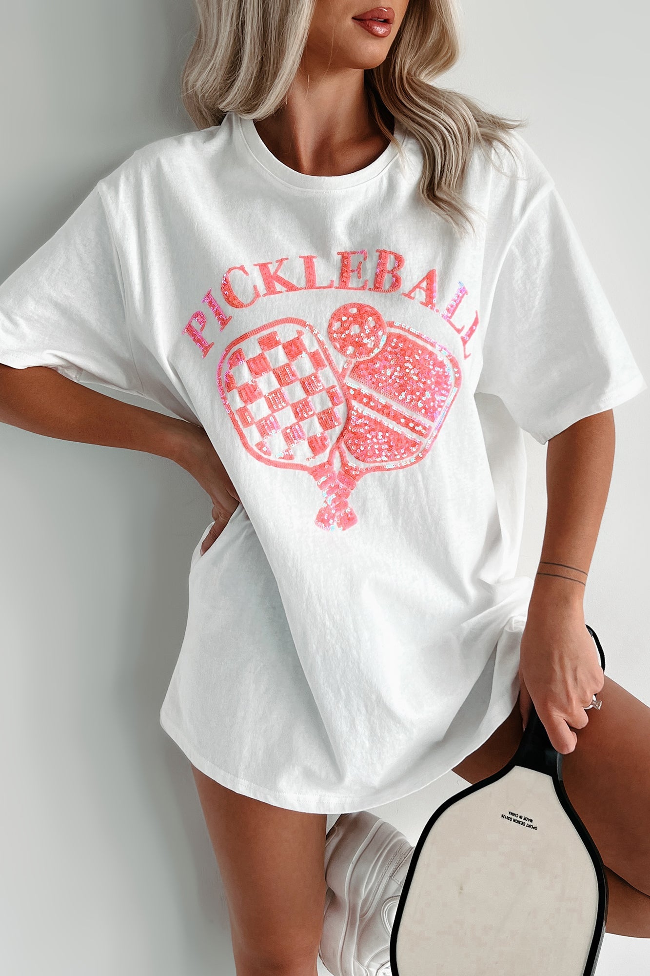 Prepped For Pickleball Oversized Sequin Graphic T-Shirt (Off White)