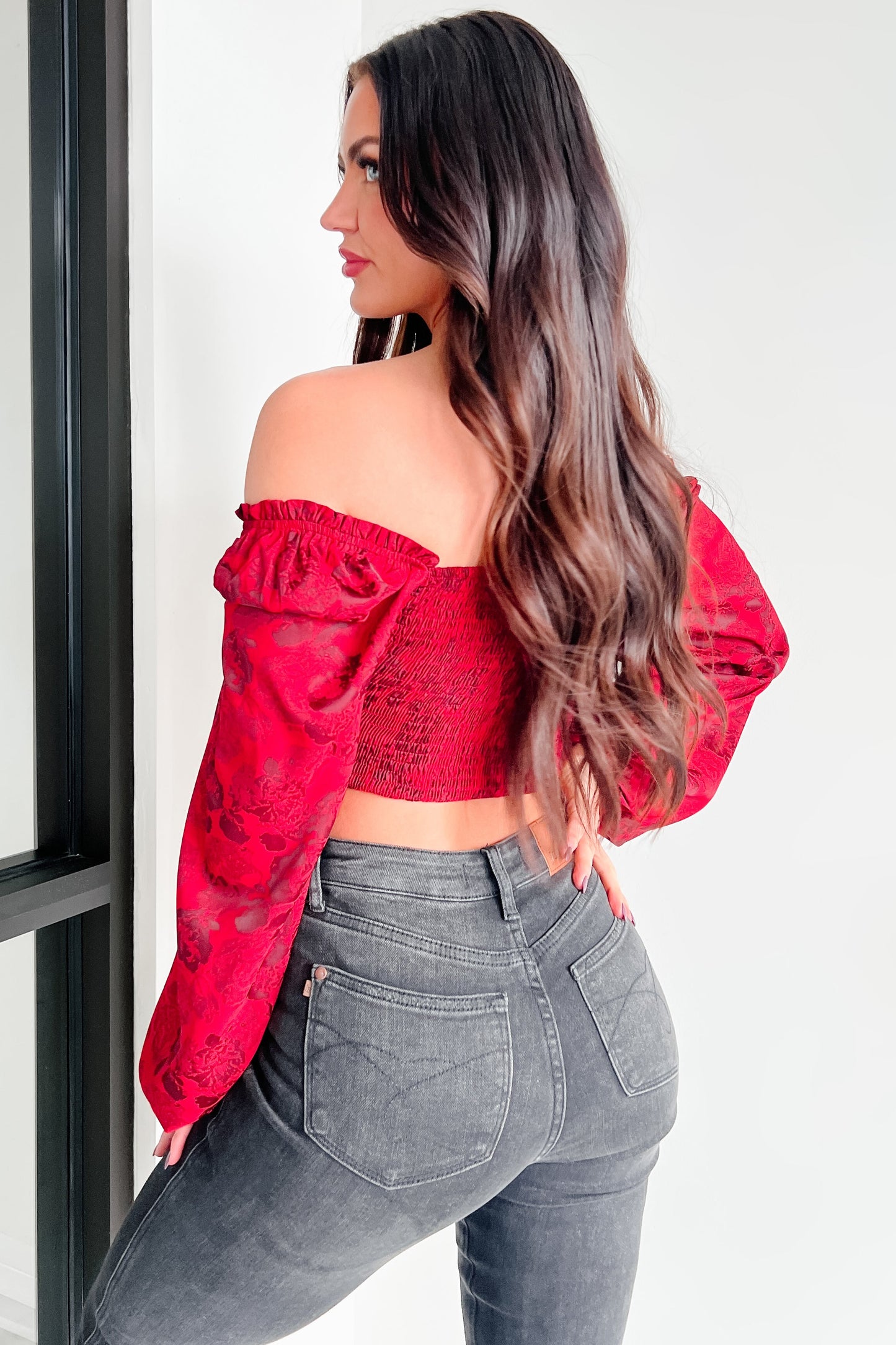 Romantic Plans Peasant Sleeve Floral Top (Red)