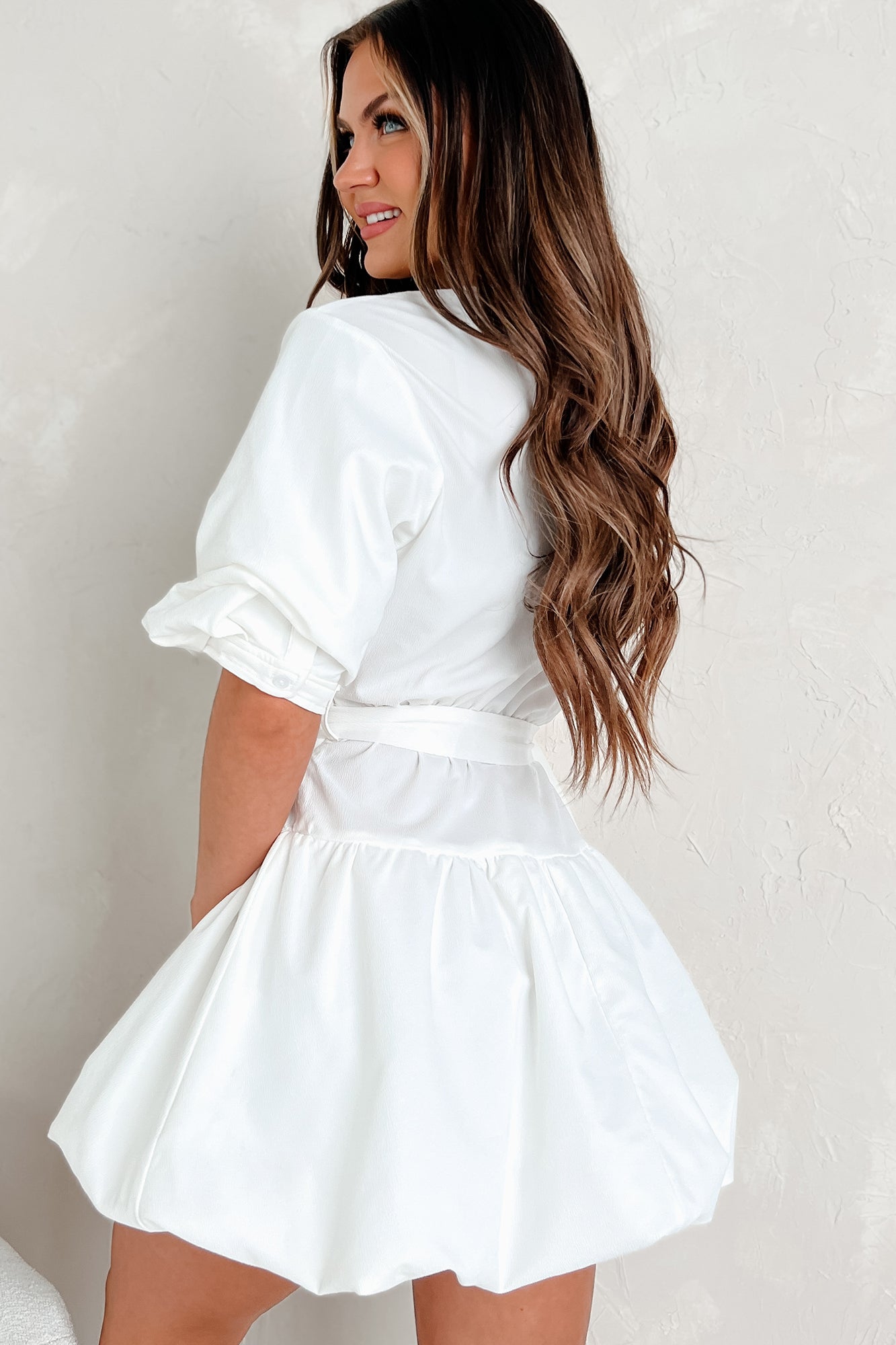 Tracy Belted Bubble Hem Mini Dress (Off White)