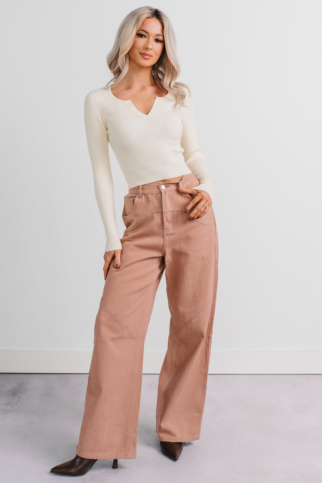 Perseus Seam Detailed Wide Leg Jeans (Terracotta)
