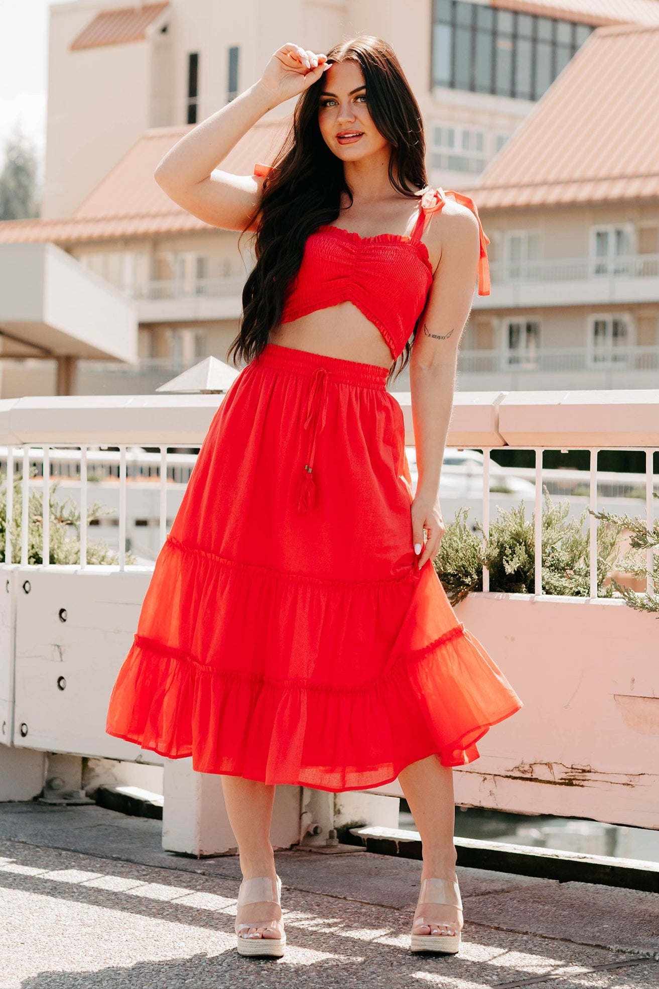 Soulful Glow Crop Top & Midi Skirt Set (Red)