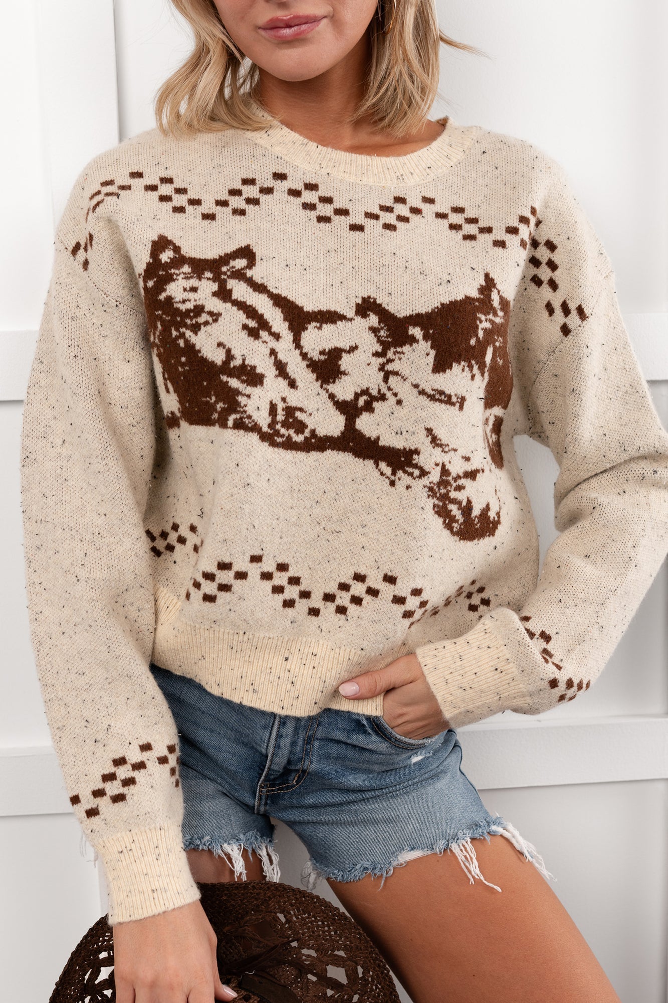 Rodeo Radiance Horse Pattern Knit Sweater (Oatmeal)