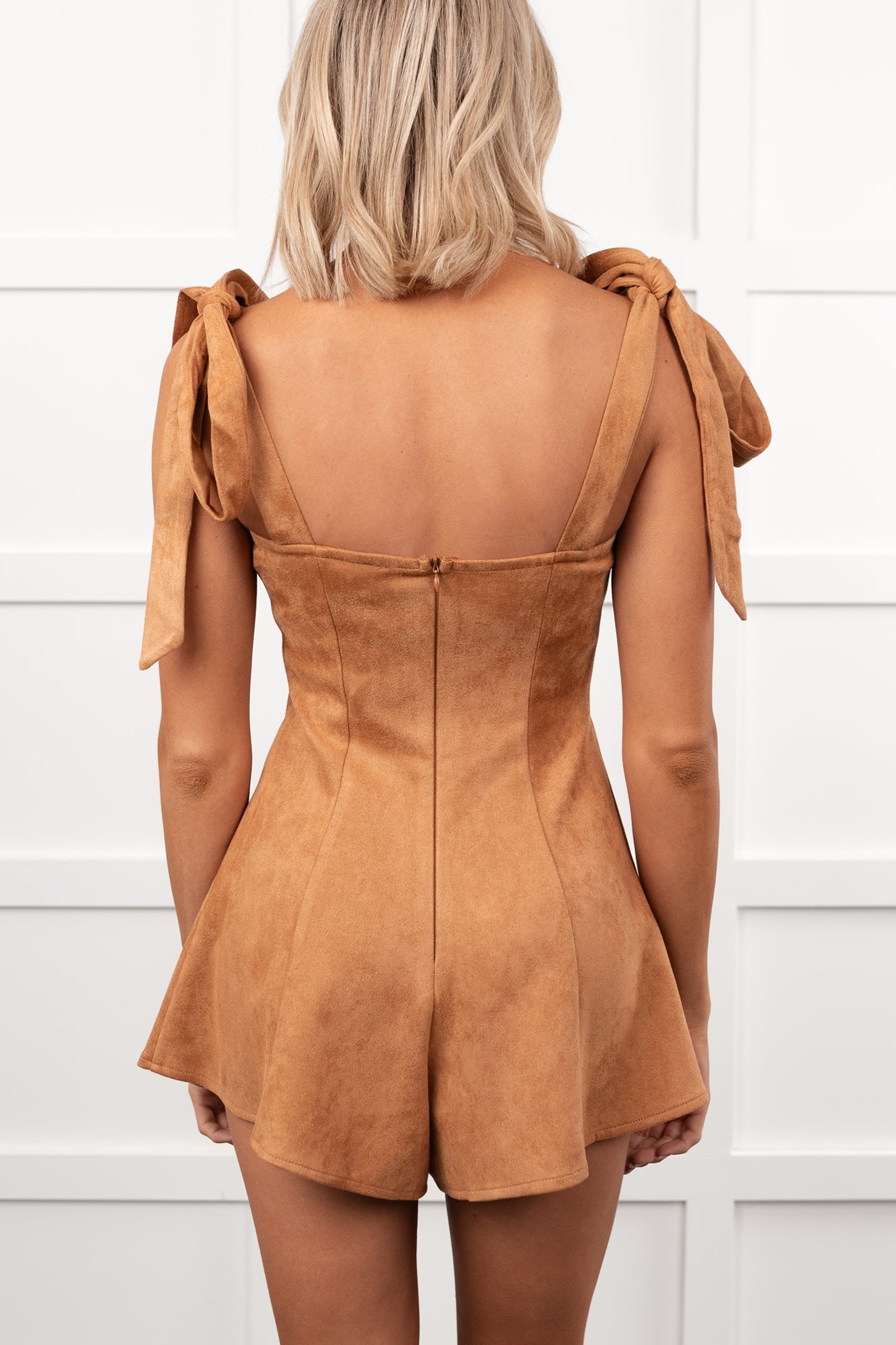Life Manifest Sleeveless Faux Suede Romper (Camel)