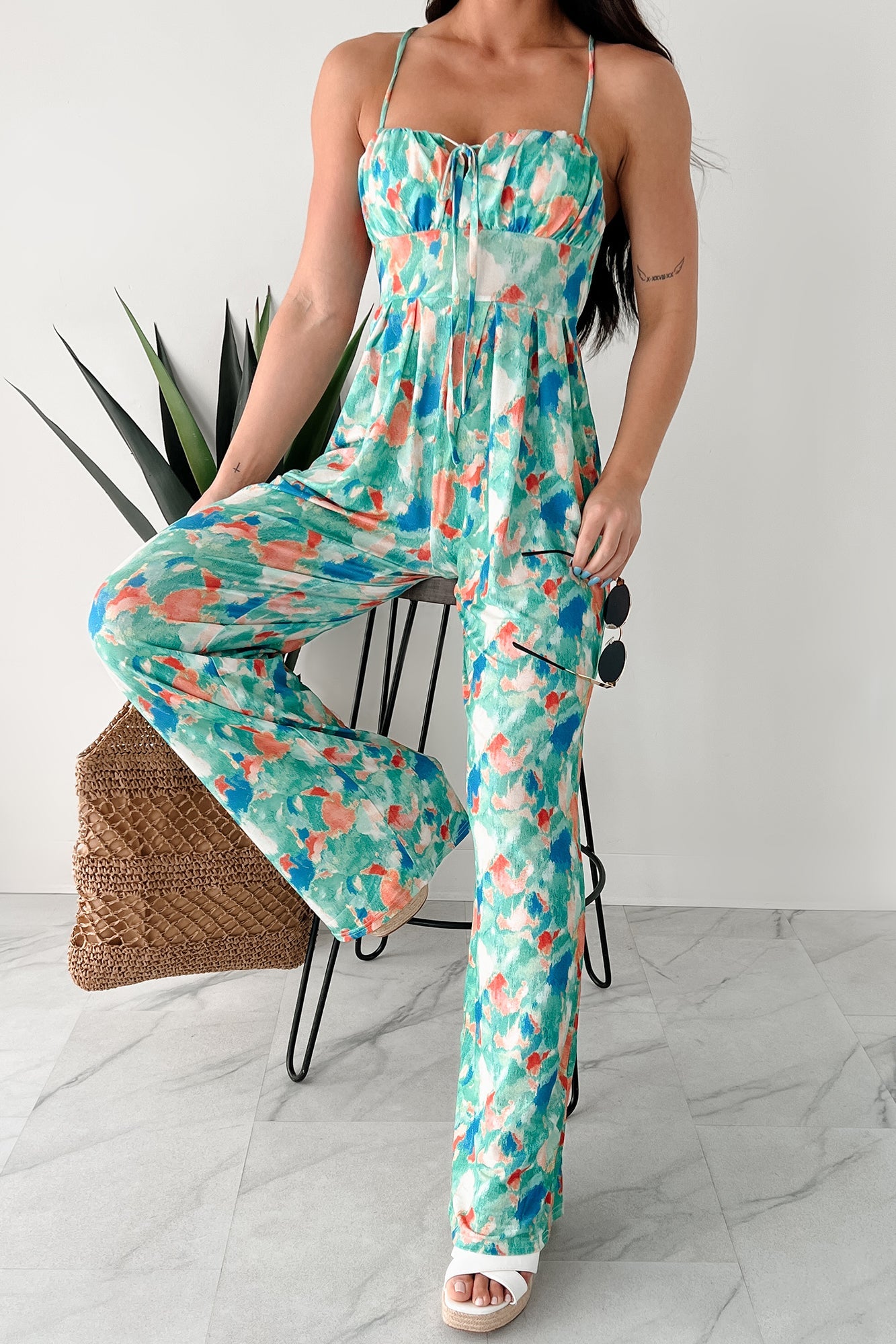 Step Into Stillness Watercolor Print Jumpsuit (Green)