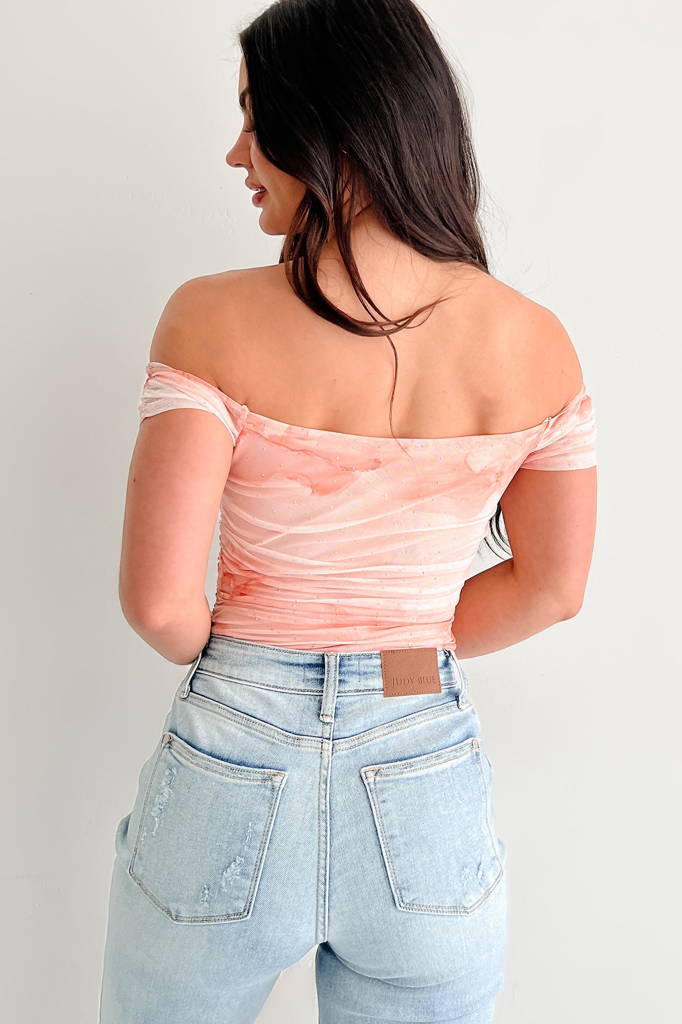 Starlit Sweetie Off The Shoulder Studded Mesh Bodysuit (Orange)