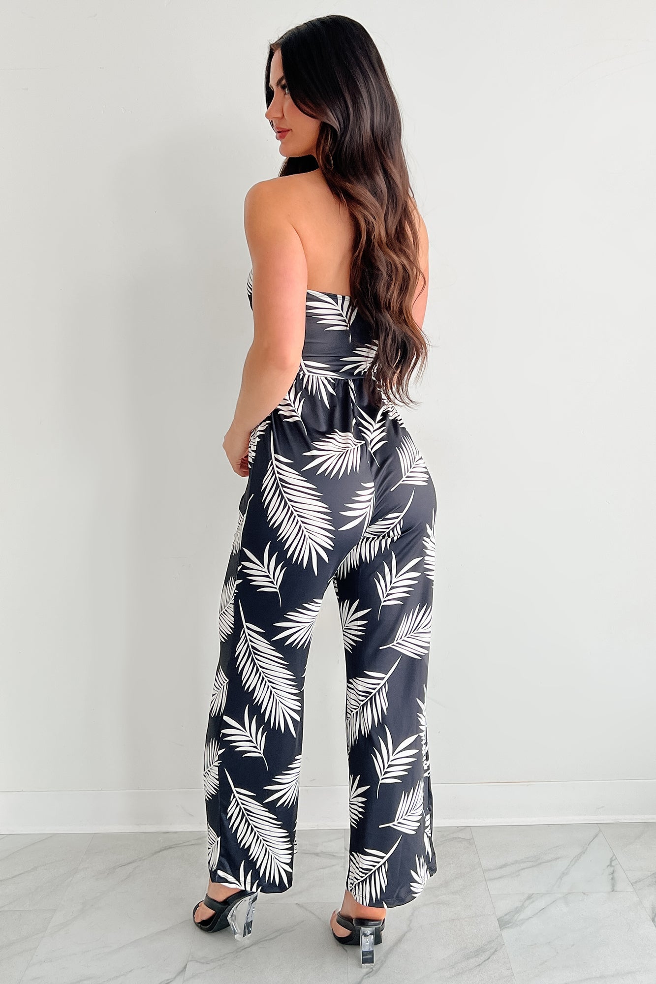 Palm Plans Strapless Leaf Print Jumpsuit (Black)