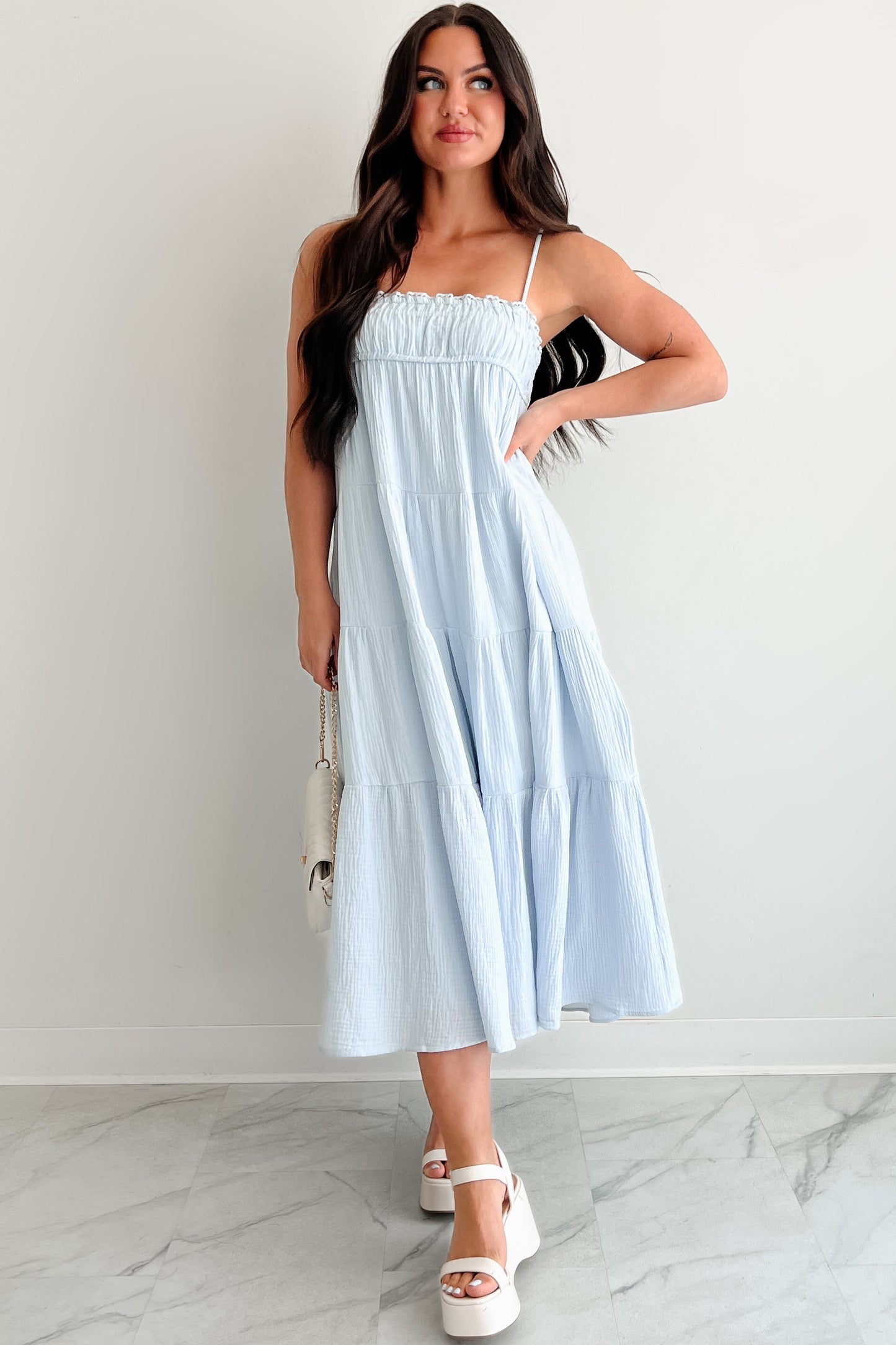 Twilight Glow Sleeveless Tiered Maxi Dress (Light Blue)