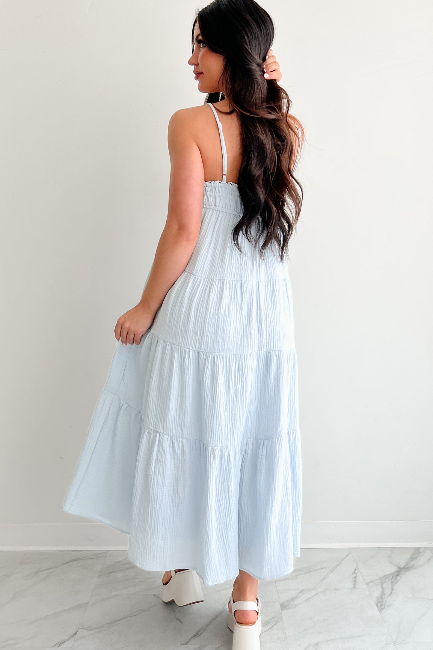 Twilight Glow Sleeveless Tiered Maxi Dress (Light Blue)