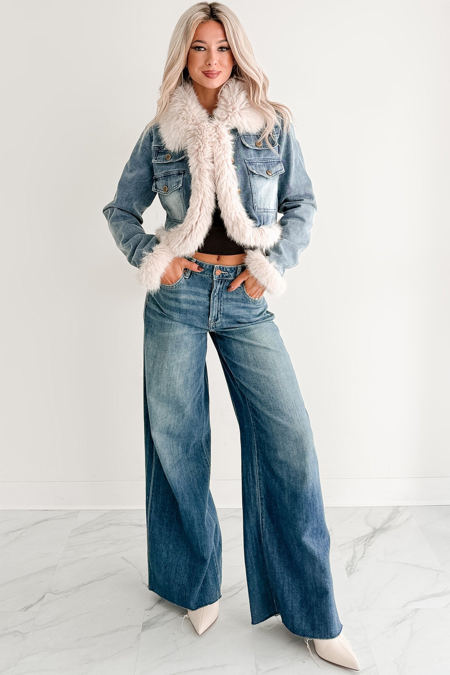 Rush Factor Faux Fur Trim Denim Crop Jacket (Denim Blue)