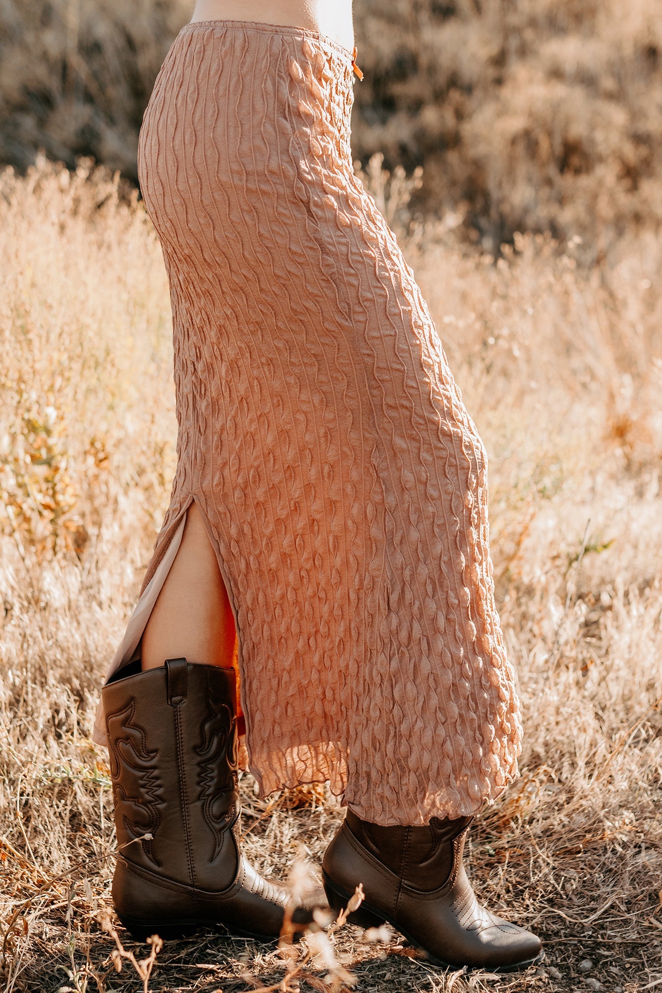 Polished Ease Textured Lace Maxi Skirt (Tan)