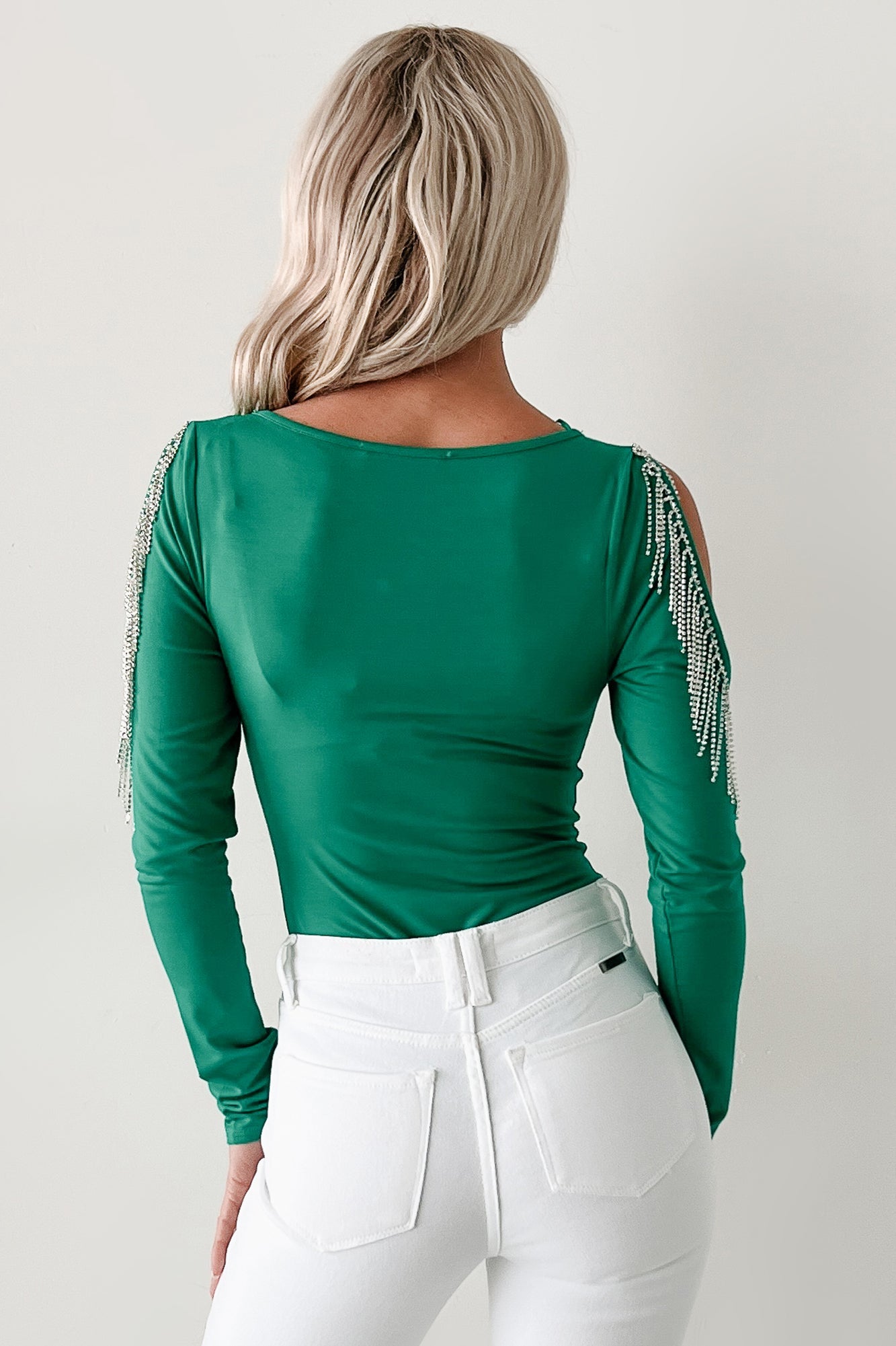 Speak & Sparkle Cold Shoulder Rhinestone Fringe Bodysuit (Kelly Green)