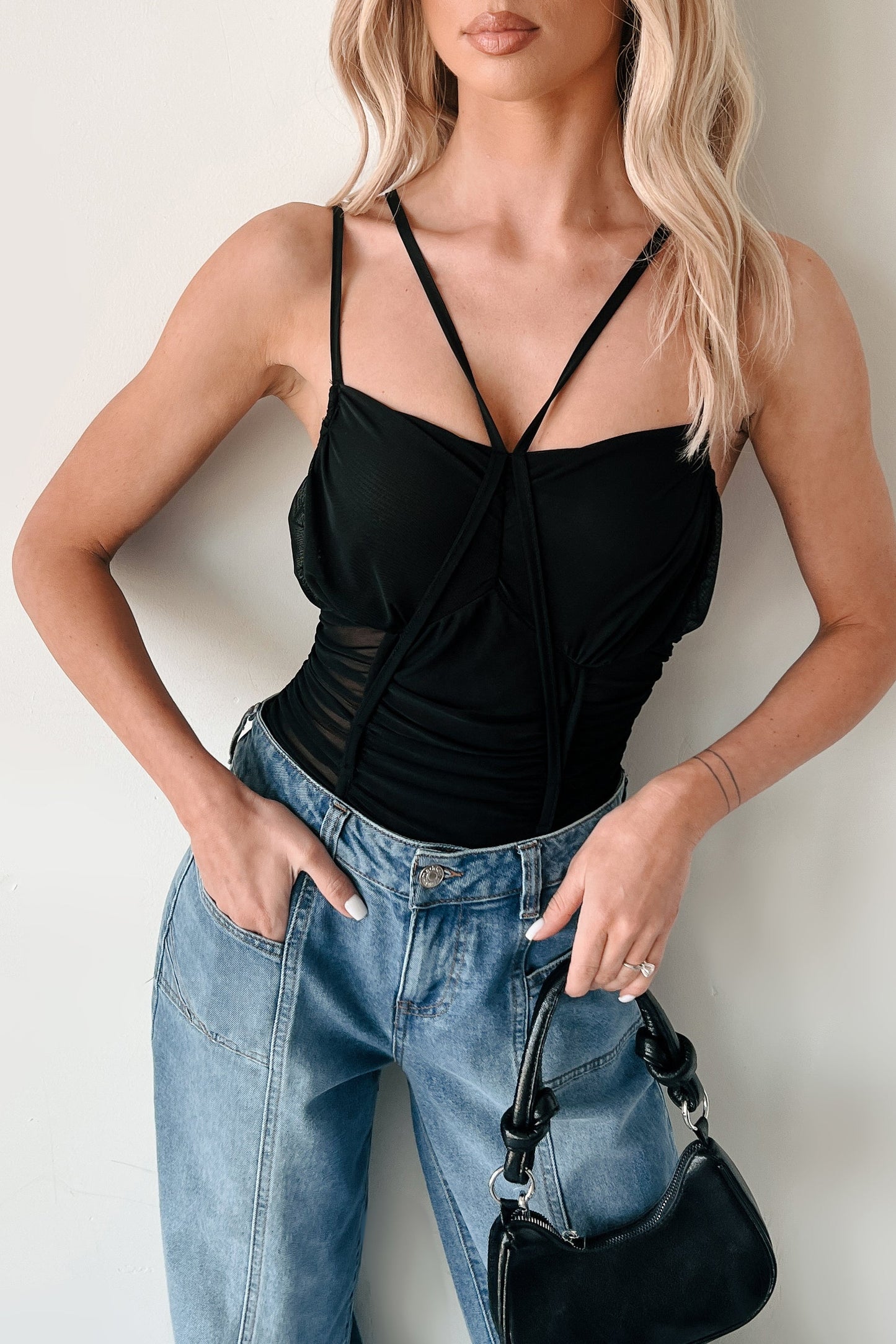 Wild & Weightless Ruched Mesh Bodysuit (Black)