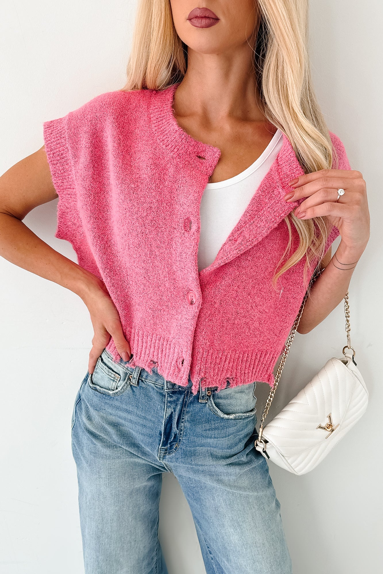 Undemanding Comfort Distressed Button-Up Sweater Vest (Pink)