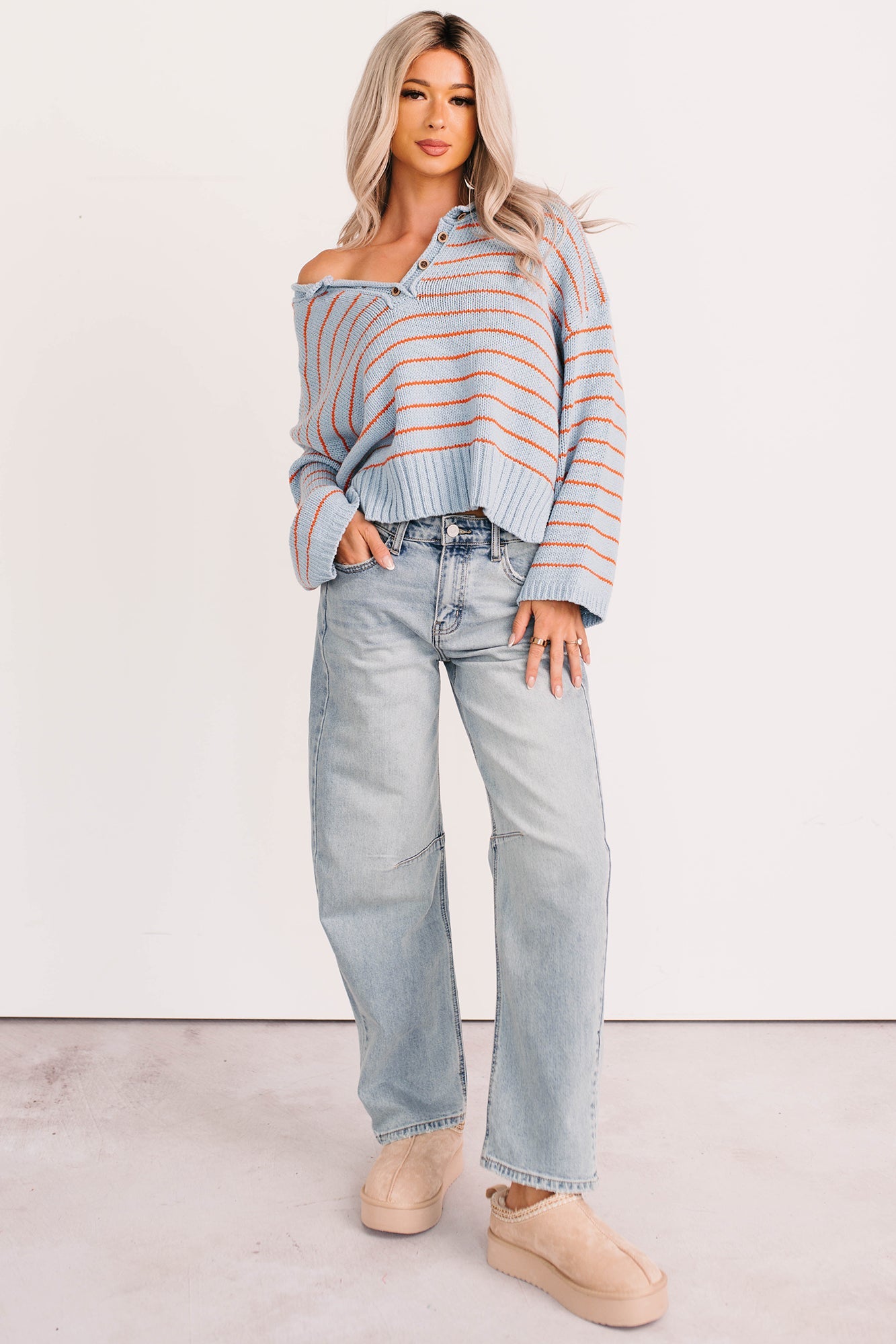 Sunday Comfort Striped Henley Sweater (Blue/Orange)