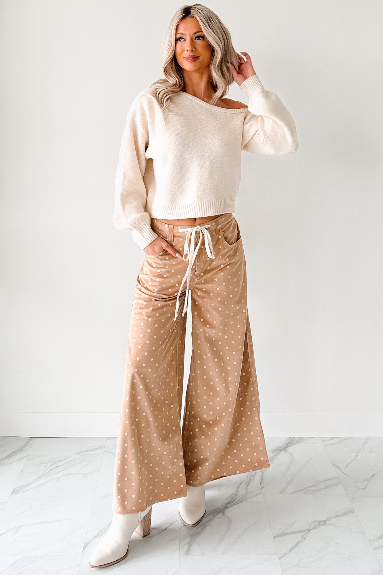 Virgina Drawstring Polka-Dot NoaBoa Pants (Mocha)
