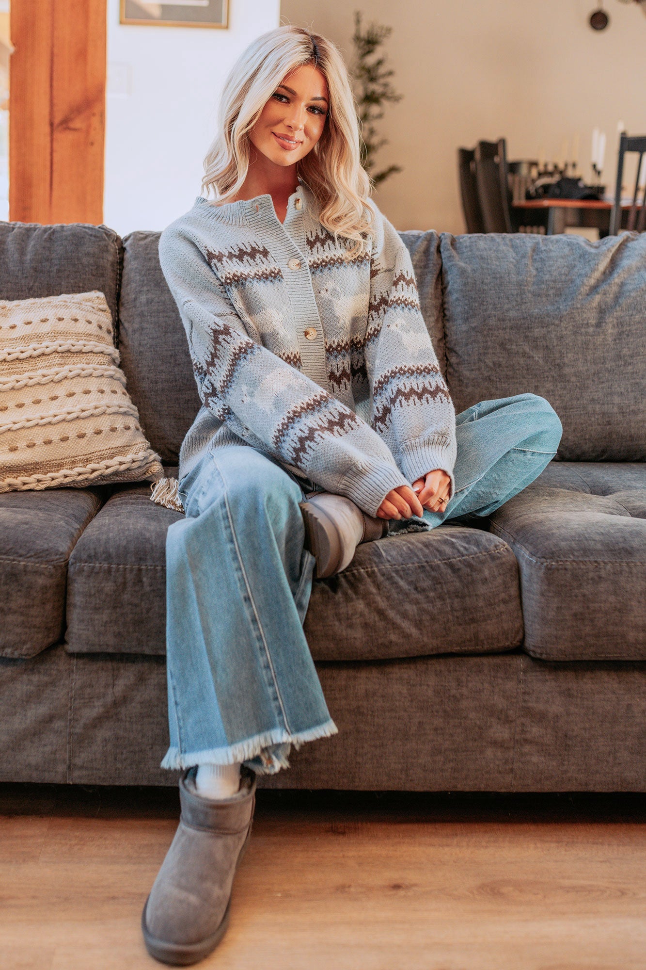 True Living Fair Isle Pattern Cardigan (Light Blue)