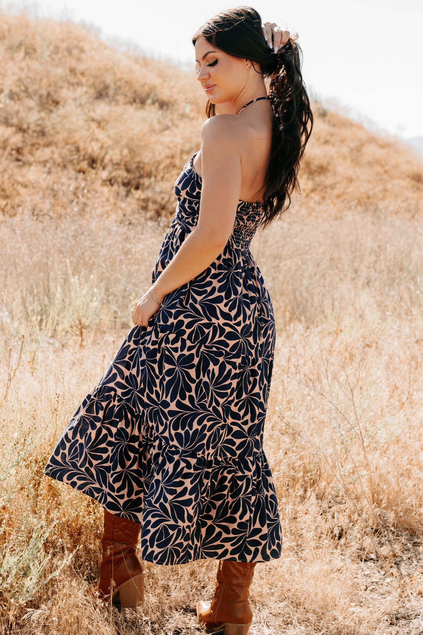 Purpose Driven Printed Halter Midi Dress (Navy/Clay)