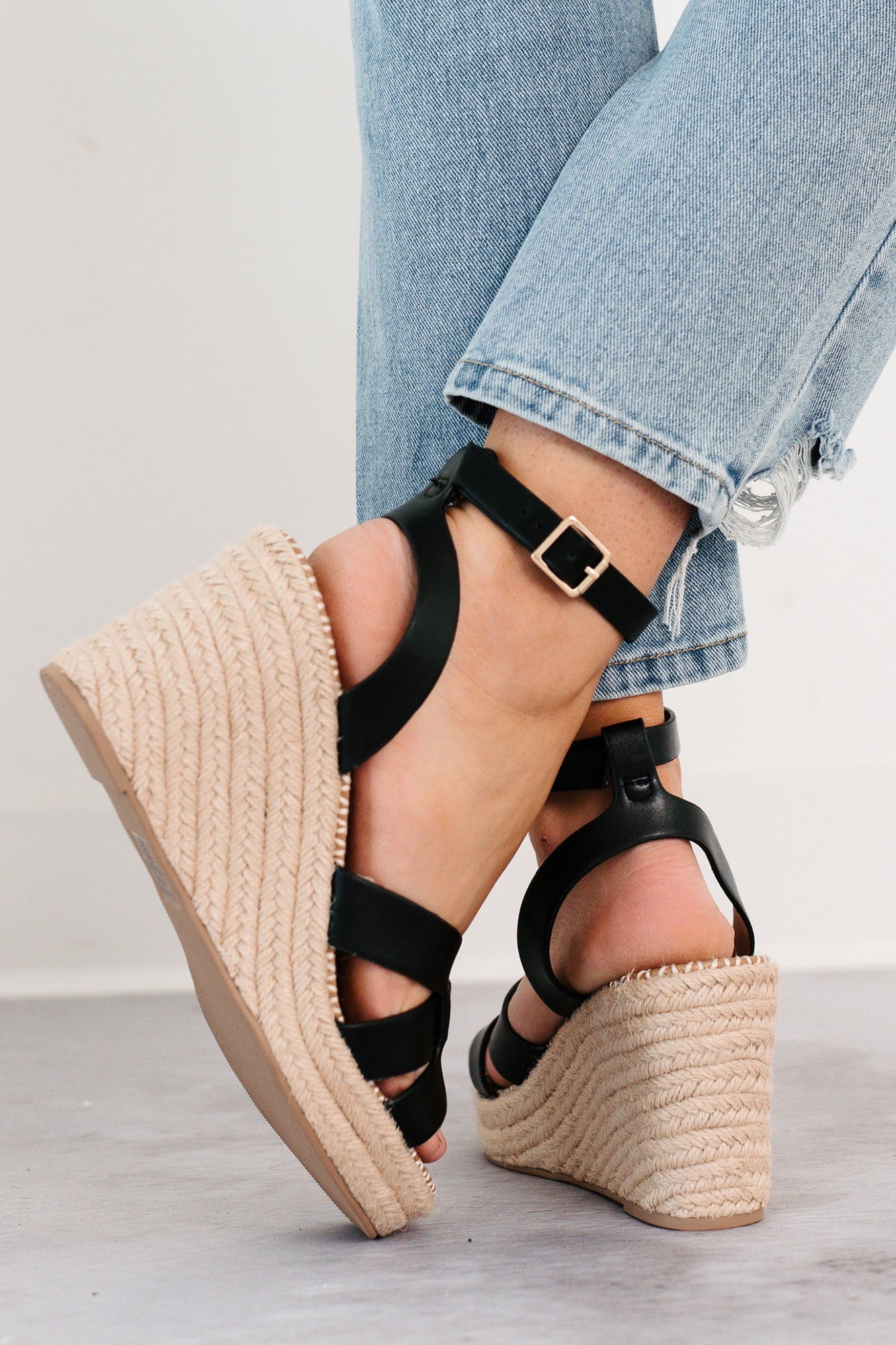Scarlett Ankle Strap Espadrille Wedge Sandal (Black)