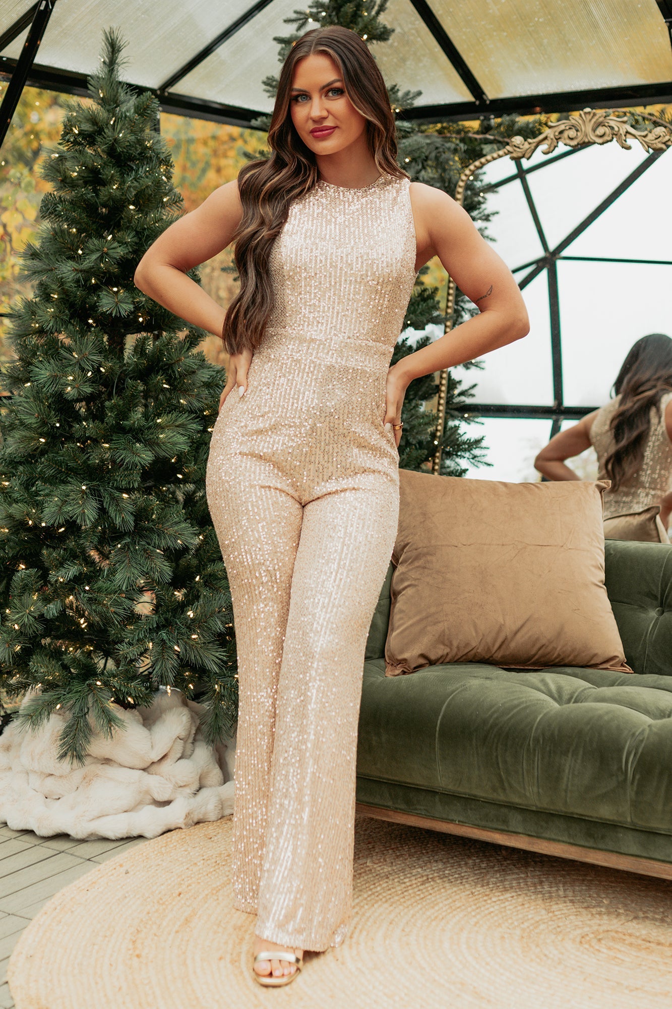 Pull It Together Sequin Sleeveless Wide Leg Jumpsuit (Rose Gold)
